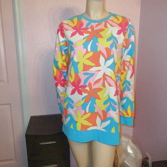Lands End Serious Sweats Sweatshirt Size M Tunic Pullover Terry Floral Tropical - Picture 1 of 11